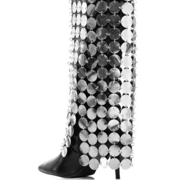 AZALEA WANG " SILVER DOMAIN " SILVER DISC EMBELLISHED BOOT  BLACK ( BRAND NEW!!! - Picture 3 of 5